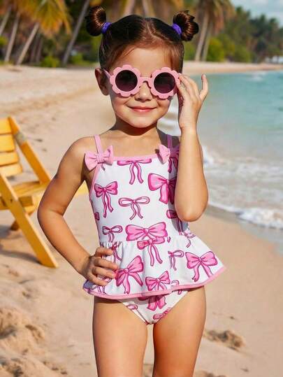 SHEIN 女童连体泳衣，蝴蝶结花卉印花，休闲假日款