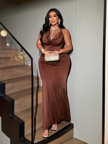 NU&NOW Women's Plus Size Chocolate Brown Summer Elegant Mermaid Maxi Dress, Draped Neck Ruched Halter Tie Glossy Formal Evening Gown, Prom Outfits - Brown - View 2