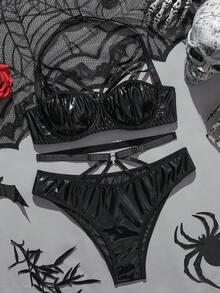 2pcs/Set Women's PU Leather Bra With Steel Rings - Black - View 6