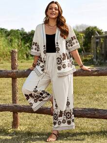EMERY ROSE 2pc Set Plus Size Women's White Summer Boho Flowy Vacation Holiday Floral Print Shirt Top And Wide Leg Pants With Pockets,Country Concert Outfit - Multicolor - View 6