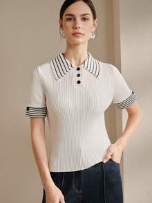 Anewsta 白色针织短袖丝滑条纹 Polo 领休闲上衣，夏季 - 白色 - 查看 7