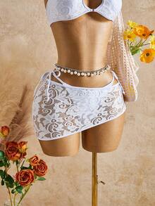 SHEIN Swim Vcay Women's Summer Vacation Beach Side Tie Swimwear Bottom And Cover-Up Skirt - White - View 3