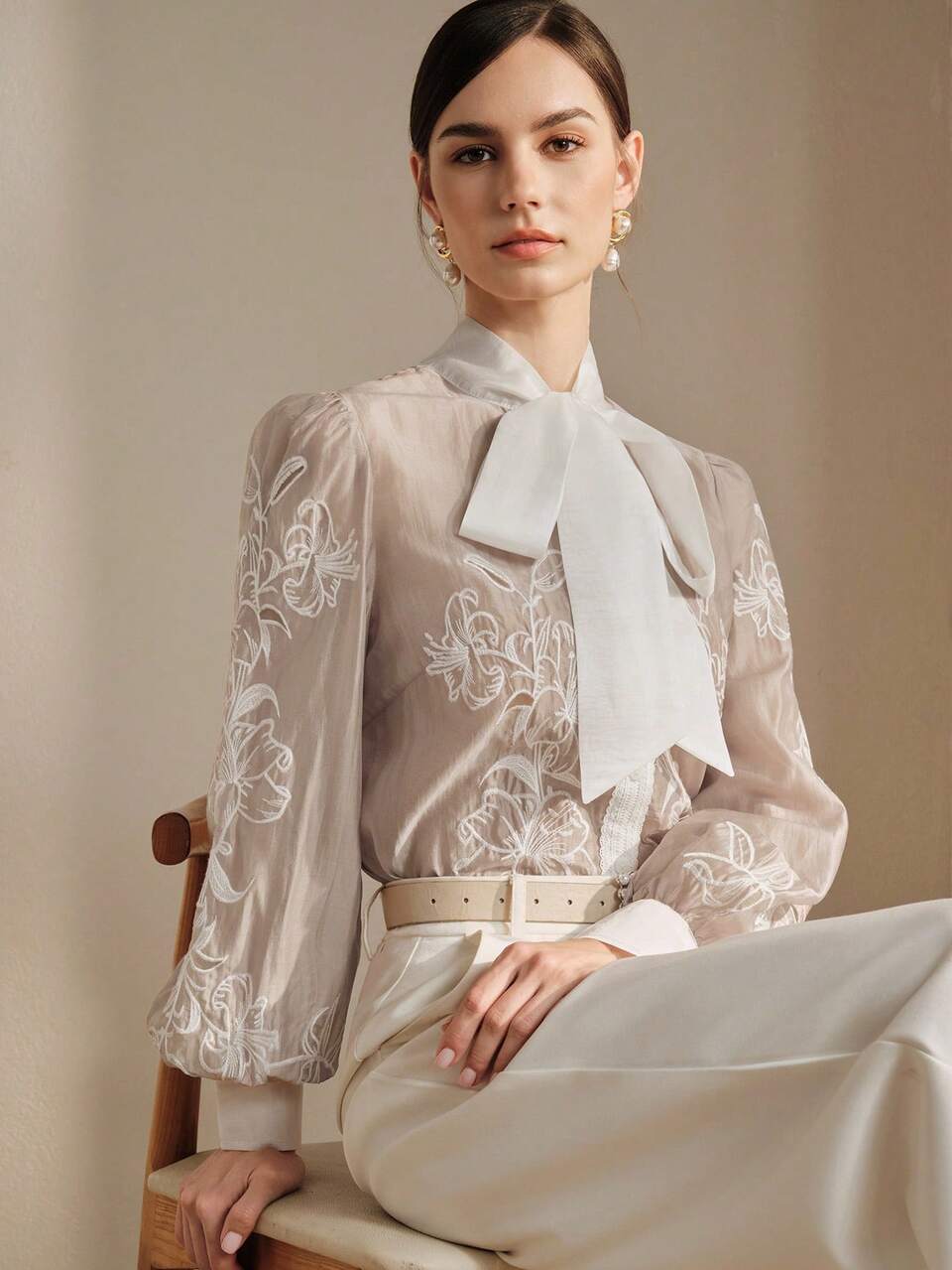 Anewsta Women's Vintage Embroidered Linen-Look Tie Collar Long Sleeve Blouse,Elegant Gray Autumn Top For Tea Party,French Style Formal Working Attire