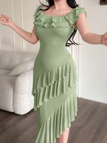 Feyla Casual Ruffled Hem Long Dress For Women - Green - View 3