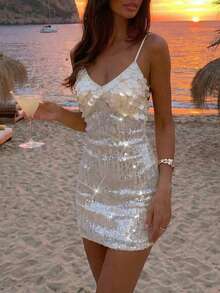 Opulessa 女士闪亮时尚别致约会派对迷你吊带裙 - 杏色 - 查看 1