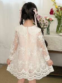 Blossori LMoss Girls' Solid Color Chiffon Puff Collar Slim-Fit Casual Lace Dress, Suitable For Spring And Summer Wear,فستان,فستان دانتيل,White Dress,فستان بنات - White - View 2