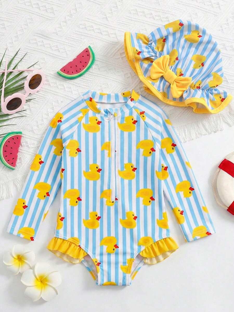 SHEIN 女婴休闲夏季可爱条纹小鸭图案长袖泳衣 - 彩色 - 查看 1