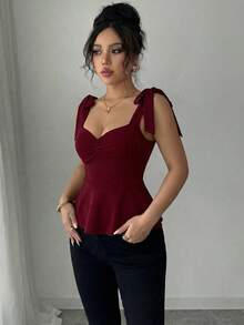 Elenzga Áo hai dây thanh lịch lãng mạn dành cho nữ - Màu Đỏ Sâu - Xem 8