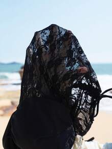 SHEIN Swim Lushore 大码女士蕾丝拼接可拆卸肩带露背比基尼两件式泳衣 - 黑色 - 查看 7