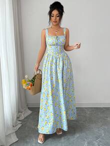 Elenzga 女士优雅无袖长款连衣裙，浅蓝色底色，饰以黄色碎花，方领设计，收腰剪裁，适合户外野餐、花园派对、城市漫步、春夏穿着。 - 彩色 - 查看 4