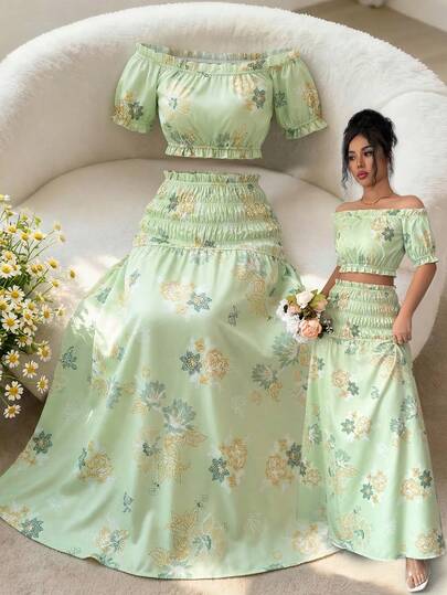 Elenzga Women's Off-Shoulder Cropped Top With Floral Embroidery Print, Suitable For Beach Vacation And Travel, 2-Piece Set, Spring/Summer