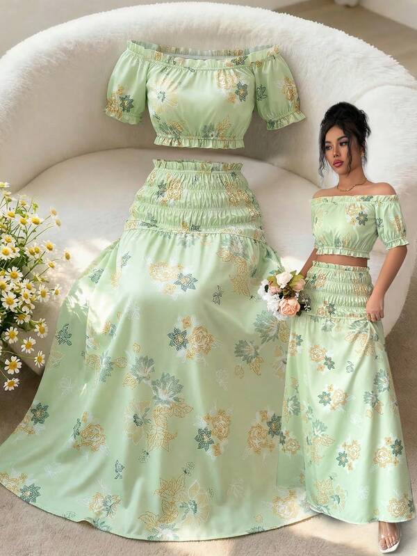 Elenzga 女士露肩短款上衣，花卉刺绣印花，适合海滩度假和旅行，两件套，春夏款