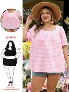 SHEIN CURVE+ Curve 尺码 US22 音乐节、海滨度假、波西米亚风女士休闲方领格纹泡泡袖衬衫 - 粉色 - 查看 6