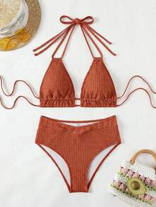 Swim Basics Conjunto de biquíni feminino de verão para praia, cor sólida, com amarração no pescoço, sexy e elegante. - Ferrugem Marrom - Ver 4