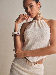 Poéselle 度假海滩吊坠装饰露背吊带上衣和裙子套装 - 杏色 - 查看 2