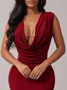 Radiana 女士性感酒红色优雅垂褶领长袖鱼尾连衣裙，红色连衣裙，派对礼服，长款连衣裙，适合约会、聚会、生日、派对、毕业典礼、宴会、鸡尾酒会、节日礼服、正式场合、春夏穿着。 - 紅色 - 查看 2