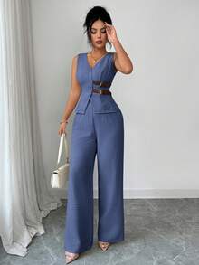 SHEIN Elenzya 女士优雅无袖腰带装饰西装背心和裤子套装，商务通勤风格，适合春夏穿着，教师装、办公室服装、返校季、约会、度假、通勤等场合，百搭优雅复古春季套装 - 中等水洗藍 - 查看 5