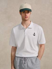 Courvante 男士夏季錨圖案印花短袖休閒/通勤領領圖案 Polo 衫，白色，適合工作與爸爸穿著，高爾夫、網球 - 白色 - 查看 7