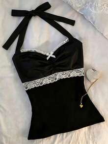 SHEIN Top de mujer con encaje, patchwork, contraste de color, cuello halter y espalda descubierta - Negro - Ver 1