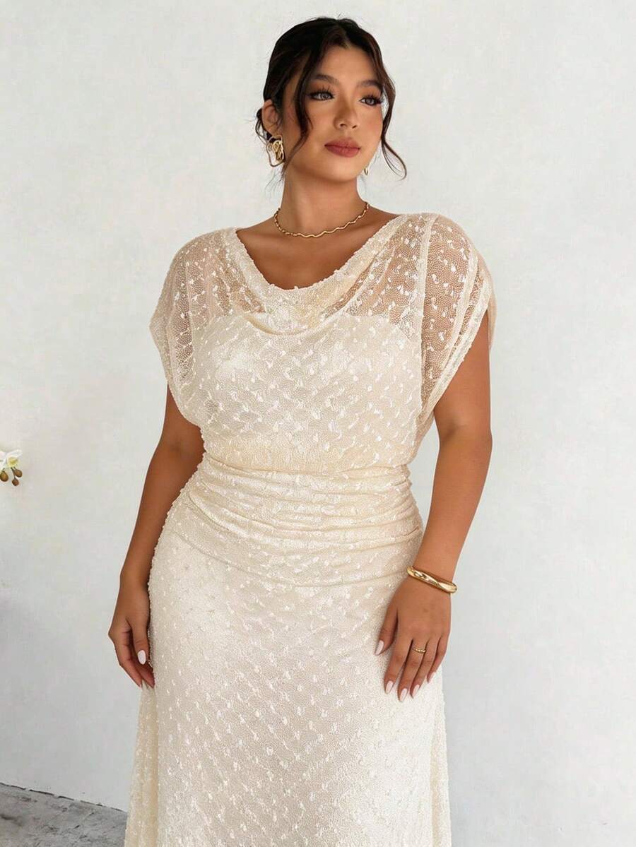 Firerie 大码优雅纯色纹理夏季连衣裙 - 杏色 - 查看 1