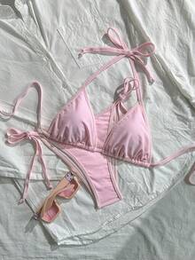 Swim Mod 女士两件套纯色甜美可爱露背系带裤侧系带沙滩度假休闲派对比基尼套装 - 粉色 - 查看 1