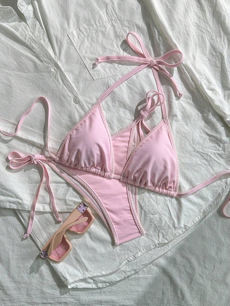 Swim Mod 女士两件套纯色甜美可爱露背系带裤侧系带沙滩度假休闲派对比基尼套装 - 粉色 - 查看 1