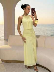 Slaydiva New Early Spring, Spring And Summer Music Festival, Valentine's Day, Easter, Bohemian Style, Nomadic Style, Casual, Simple And Basic, Cruise Party, Birthday Party, Daily Date, Casual Vacation, Elegant Commuting, Round Neck, Halter, Tie, Large Backless, Pleated Design, A Skirt, Light Yellow Dress, Slim Dress, Long Dress, Net Fabric, Long Dress For Women -B - Light Yellow - View 1