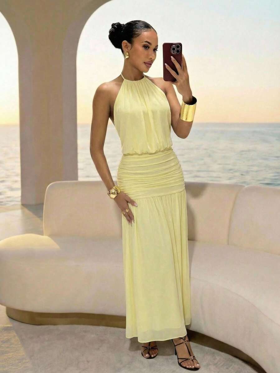 Slaydiva New Early Spring, Spring And Summer Music Festival, Valentine's Day, Easter, Bohemian Style, Nomadic Style, Casual, Simple And Basic, Cruise Party, Birthday Party, Daily Date, Casual Vacation, Elegant Commuting, Round Neck, Halter, Tie, Large Backless, Pleated Design, A Skirt, Light Yellow Dress, Slim Dress, Long Dress, Net Fabric, Long Dress For Women -B - Light Yellow - View 1