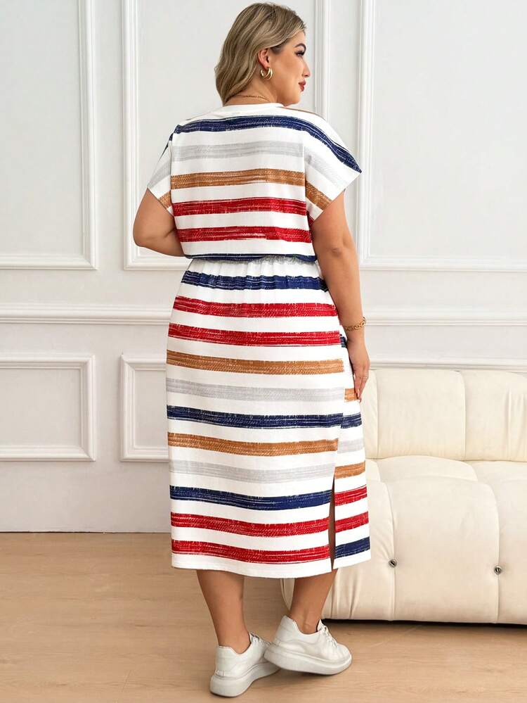 SHEIN Đầm bầu cỡ lớn kẻ sọc cổ tròn tay ngắn thắt eo kiểu dáng thường ngày - Nhiều màu - Xem 2