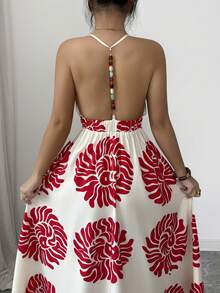 SHEIN Women's Printed Open Back Colorful Beaded Chain Decor A-Line Waist Flattering Bohemian Vacation Elegant Sweet Cute Daily Commute Fashion Date French Street Music Festival Retro Versatile Spring Summer Light Peach Red Pattern New Sleeveless Maxi Dress - Multicolor - View 4