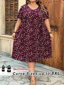SHEIN CURVE+ 大码女式V领短袖休闲印花连衣裙 - 彩色 - 查看 7
