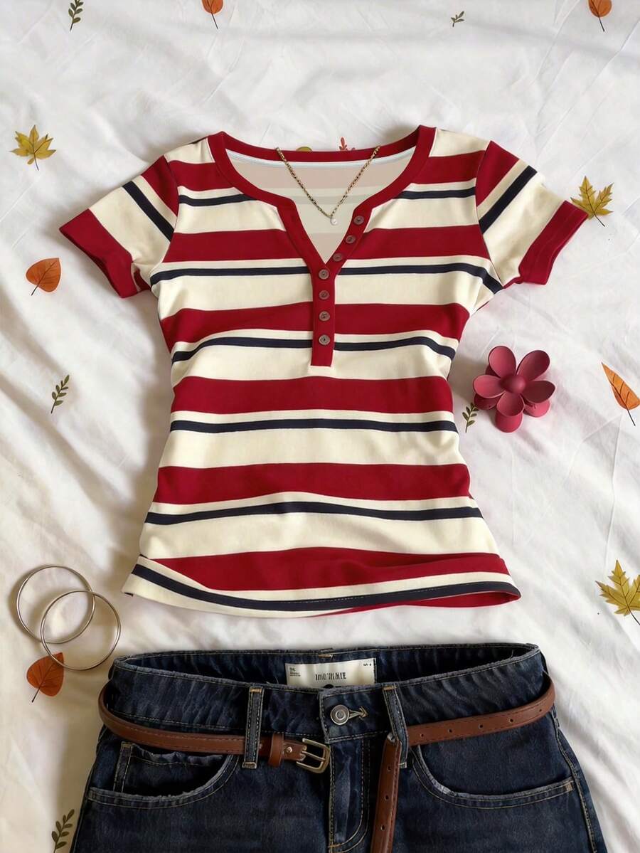 EMERY ROSE Striped Digital Print Fashionable Minimalist V-Neck Short Sleeve T-Shirt, Gift For Friends - Multicolor - View 1