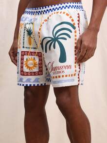SUMWON 男士直筒泳裤，复古旅行邮票印花，夏季沙滩短裤，带侧袋，热带度假泳装 - 彩色 - 查看 5