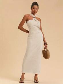 Travachic Women's Solid Color Fitted Elegant Knit Halter Dress - Beige - View 4