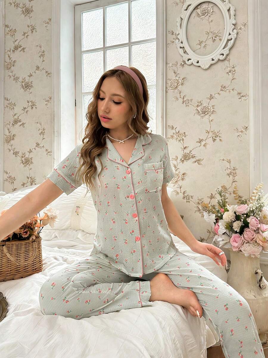 CottageSlumber Women's Ditsy Floral Short Sleeve Button-Up Top And Pants Pajama Set - Green - View 1