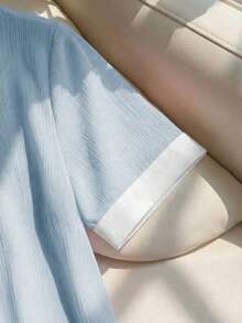 Franclia 女士优雅粉色雪纺褶皱白色领宽松短袖衬衫 - 藍色 - 查看 3