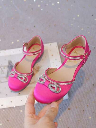 Elegantes zapatos planos brillantes para niñas con detalles de diamantes de imitación y detalle de lazo, cómodos zapatos con tira en el tobillo.