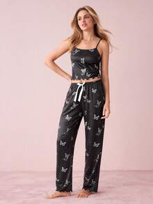 Butterfly Printed Spaghetti Strap Top & Pants Pajama Set - Black - View 5