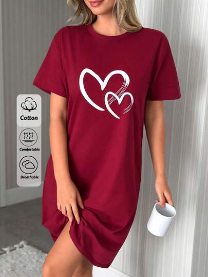 SHEIN Burgundy With Heart Pattern Round Neck Short Sleeved Women Sleep Dress Homewear Comfort Casual Nightgown For Summer