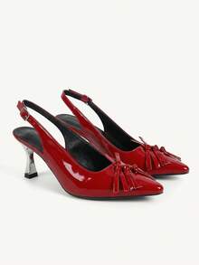 CUCCOO CHICEST Sapatos Femininos: Mini Laço Decorativo Bico Fino Salto Agulha Metalizado Prata, Sapatos Slingback de Couro Sintético Vermelhos Altos Elegantes e Únicos com Estilo Punk para Moda de Rua, Transporte, Festa de Natal e Ano Novo, Clima de Outono e Inverno - Vermelho - Visão 1
