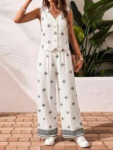 SHEIN Frenchy Women's Casual Vacation Sleeveless Cardigan And Straight Leg Pants Set, Suitable For Summer - Multicolor - View 4