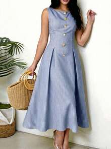 Solavon Vestido plisado sin mangas con decoración de hebilla de metal y estampado de rayas, estilo elegante de vacaciones para el verano - Azul - Ver 4