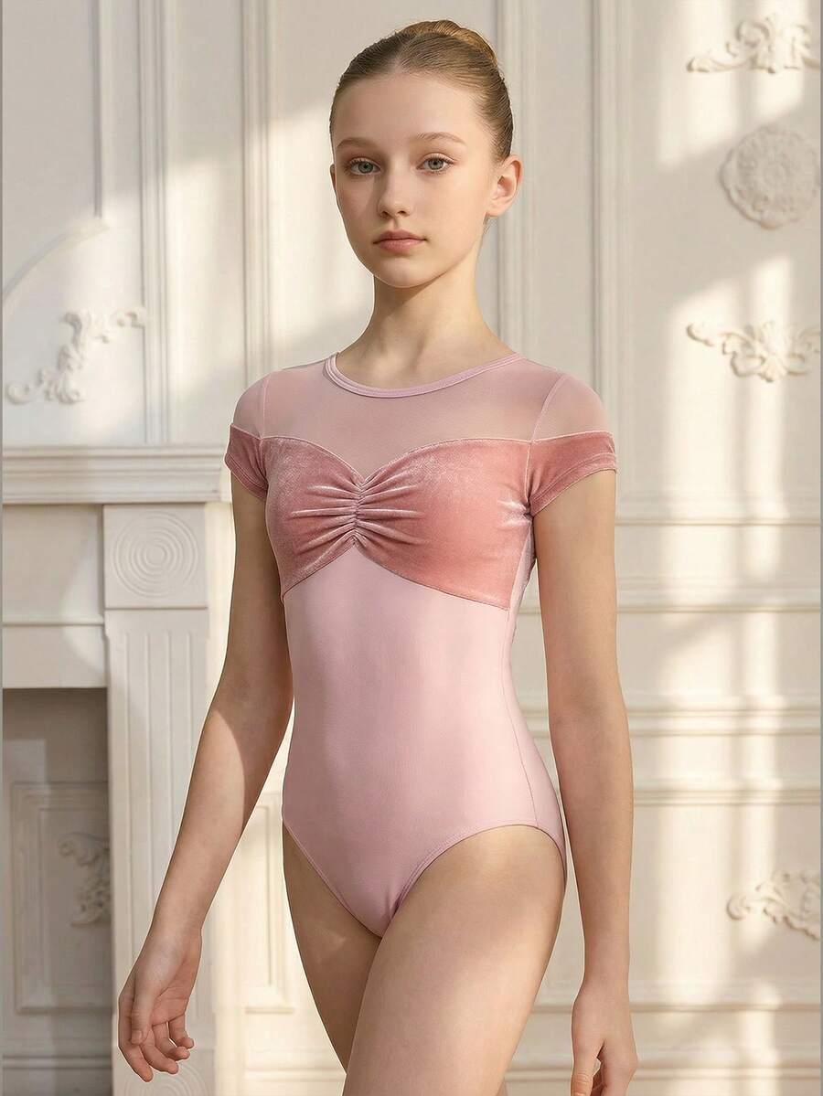 Tween Girls Elegant Pink Ballet Leotard, Featuring Soft Velvet Fabric And Silky Mesh Panels, Suitable For School, Professional Ballet, Gymnastics, Dance Studio Training - Coral Pink - View 1