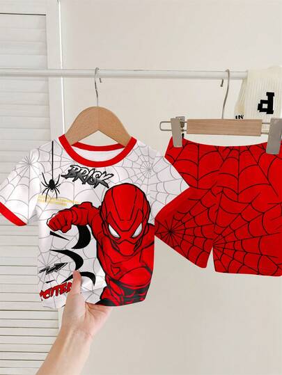 SHEIN 2pcs Baby Boy Casual Cartoon Spider Pattern Short-Sleeve And Shorts Pajama Set. Classic, , Cool, And Stylish Cartoon Spider Hero With Spider Pattern, Spider Web, And Graphic Print. Perfect For Spring And Summer At Home.