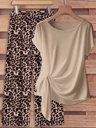 Rusticease Women's Tie Bow Blouse And Loose Leopard Print Contrast Color Straight Leg Pants 2 Pieces Set, Suitable For Spring/Summer,Casual