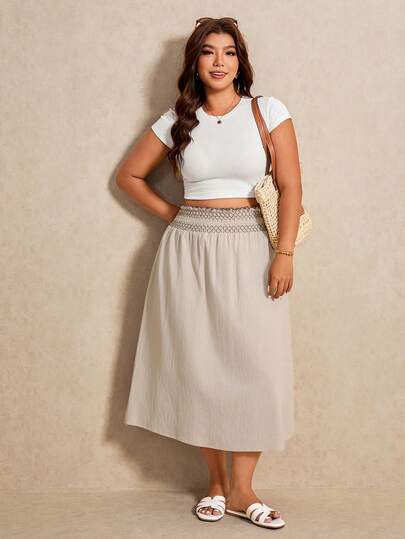 Elaquor Plus Size Women Summer Casual Minimalist Solid Color Mid-Length Beach Vacation Skirt