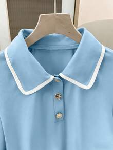 GlowEve 新款时尚 Polo 领纽扣装饰撞色短袖 T 恤（女款） - 藍色 - 查看 7