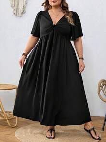 SHEIN CURVE+ Đầm dáng chữ A cổ chữ V thắt eo, cỡ US22, thích hợp cho lễ hội âm nhạc, kỳ nghỉ biển, phong cách bohemian thanh lịch, dài ngang gối, duyên dáng. - màu đen - Xem 5