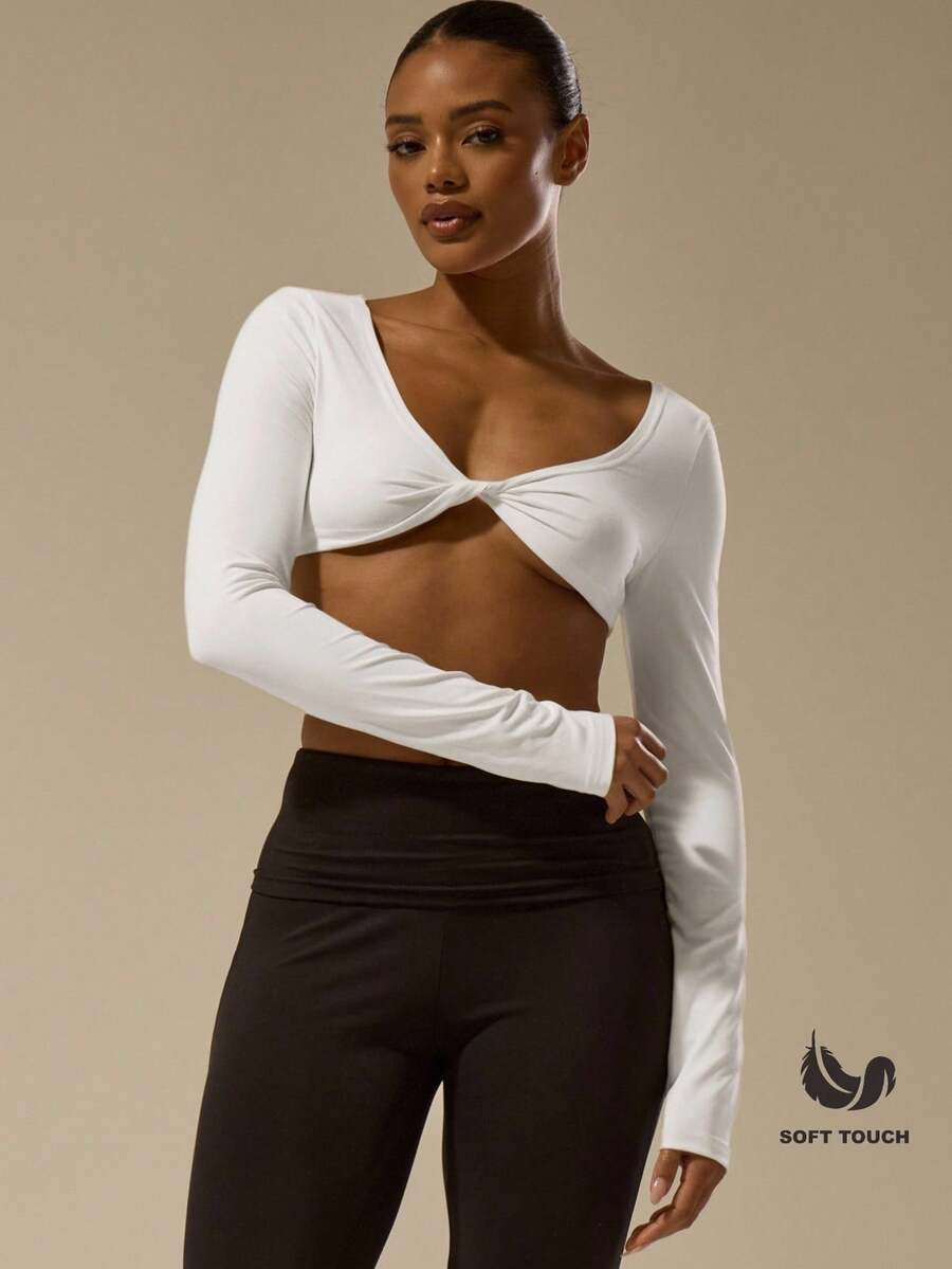 MUSERA ESSENTIALS Soft Touch Twist Front Long Sleeve Top Basic Casual Holiday Fall Autumn Winter Elegant Spring Summer - White - View 1