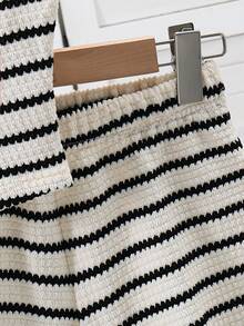 SHEIN Tween Girl Heart Graphic Striped Tank Top And Shorts Casual Set - Black and White - View 5